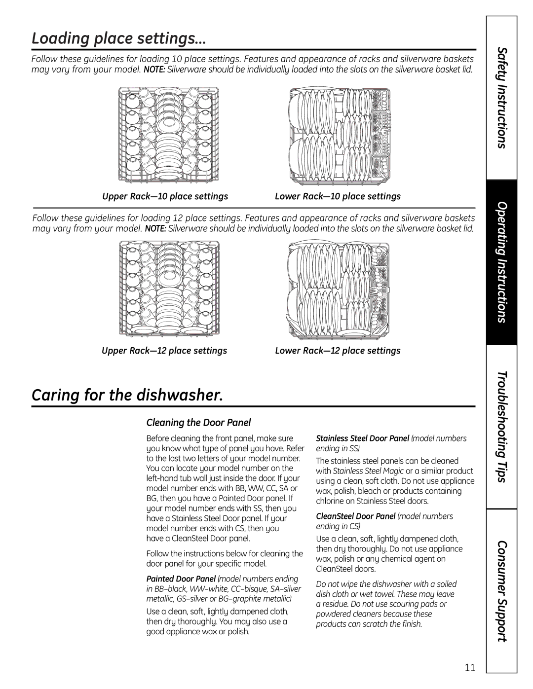 GE GLD6900 Series Loading place settings…, Caring for the dishwasher, Tips Consumer Support, Cleaning the Door Panel 