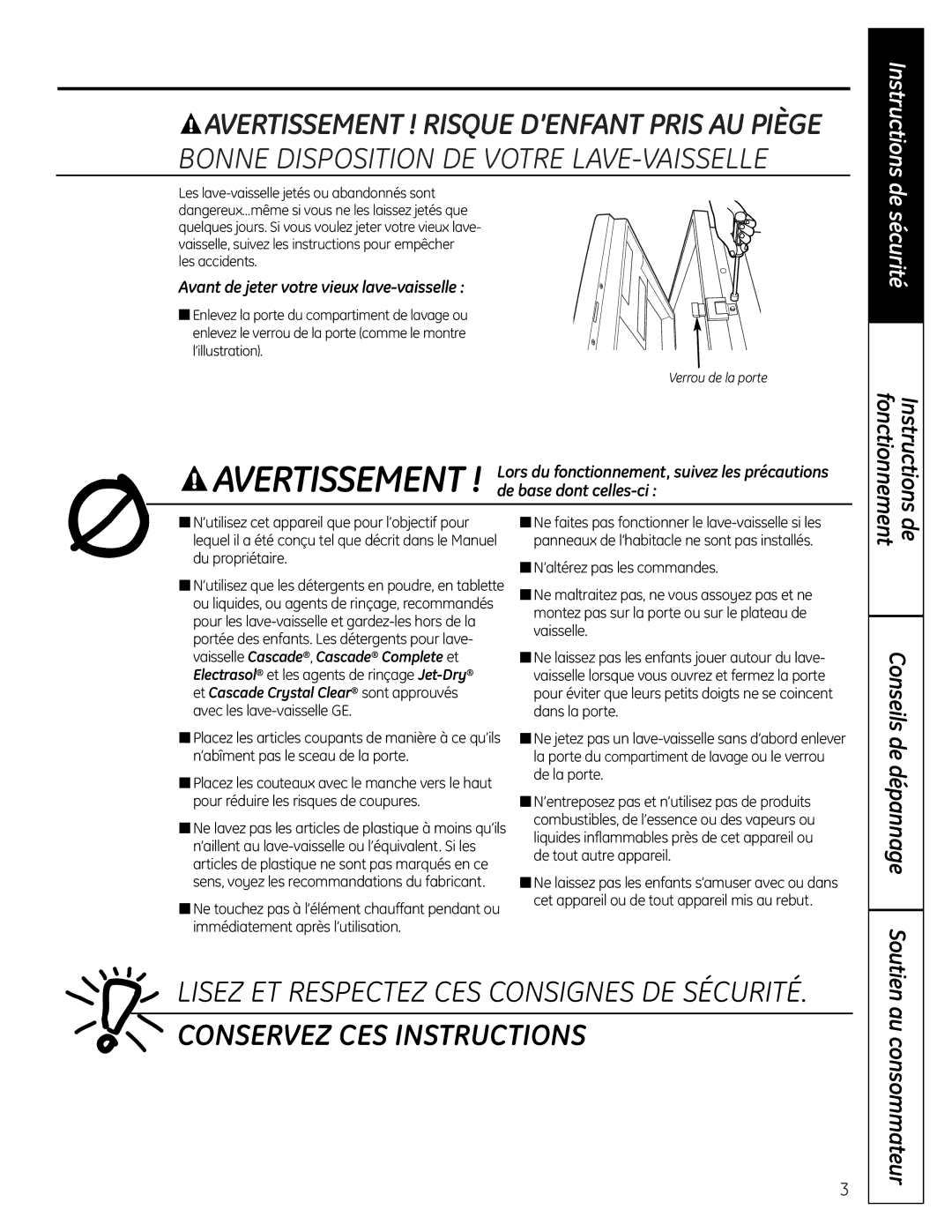 GE GLD6900 Series, PDW7000 Series owner manual Au consommateur, Avant de jeter votre vieux lave-vaisselle 