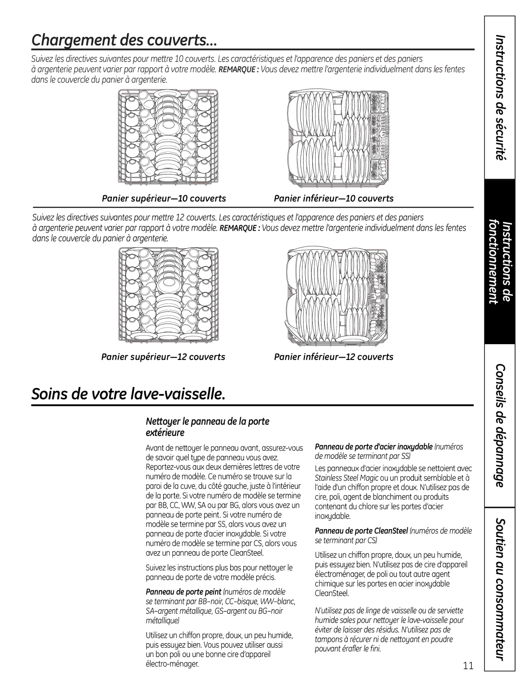 GE GLD6900 Series Chargement des couverts…, Soins de votre lave-vaisselle, Conseils, De dépannage Soutien au consommateur 