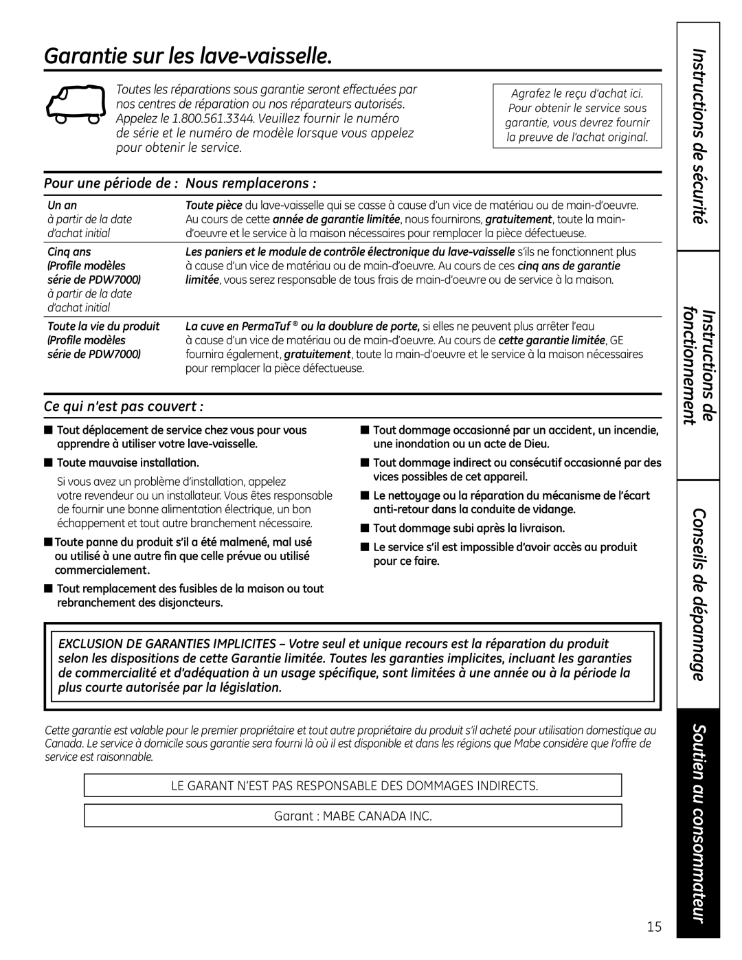 GE GLD6900 Series, PDW7000 Series Garantie sur les lave-vaisselle, Conseils de, Pour une période de Nous remplacerons 