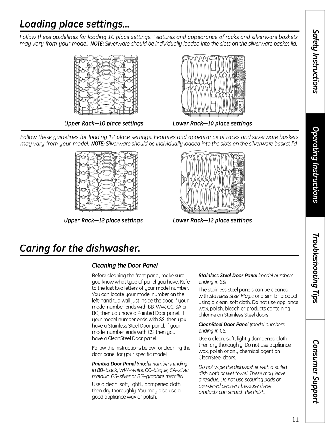 GE GLD6900 Series Loading place settings…, Caring for the dishwasher, Tips Consumer Support, Cleaning the Door Panel 