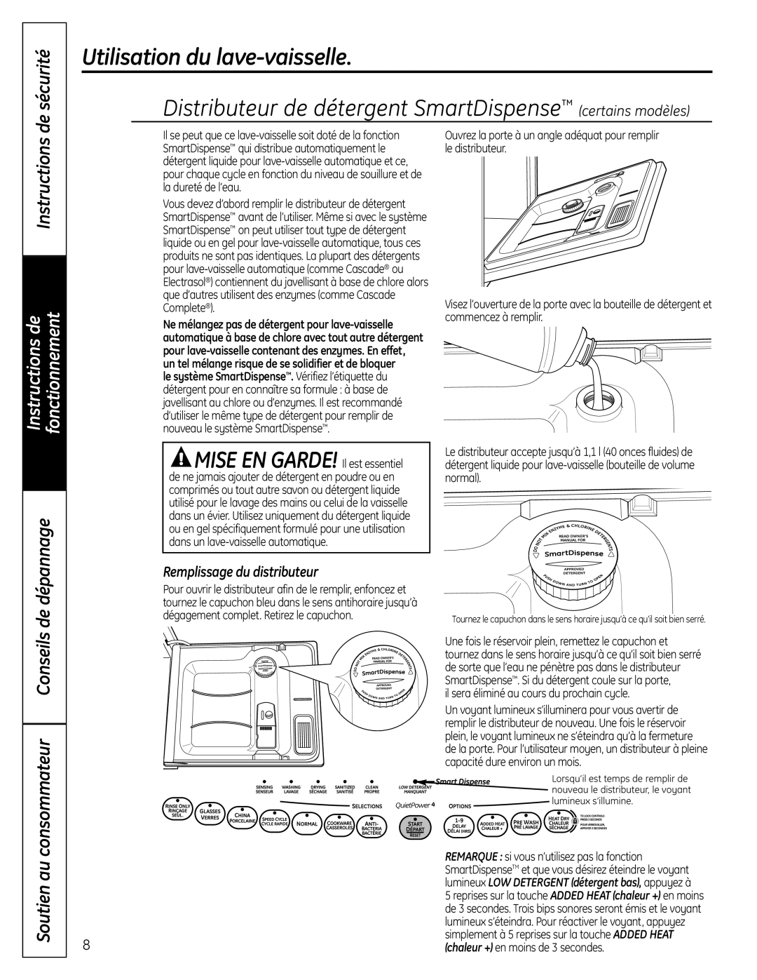 GE PDW7000 Series Distributeur de détergent SmartDispense certains modèles, Instructions, Utilisation du lave-vaisselle 