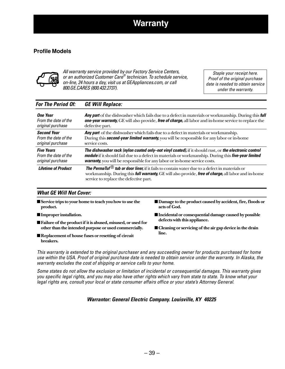 GE PDW7800, PDW7300, PDW7700, GSD6600, GSD6700, GSD6660, GSD6200, GSD6300, PDW7880 manual Warranty, For The Period GE Will Replace 