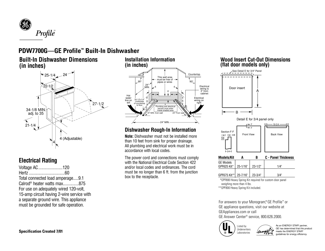 GE dimensions PDW7700G-GE Profile Built-In Dishwasher, Built-In Dishwasher Dimensions in inches, Electrical Rating 