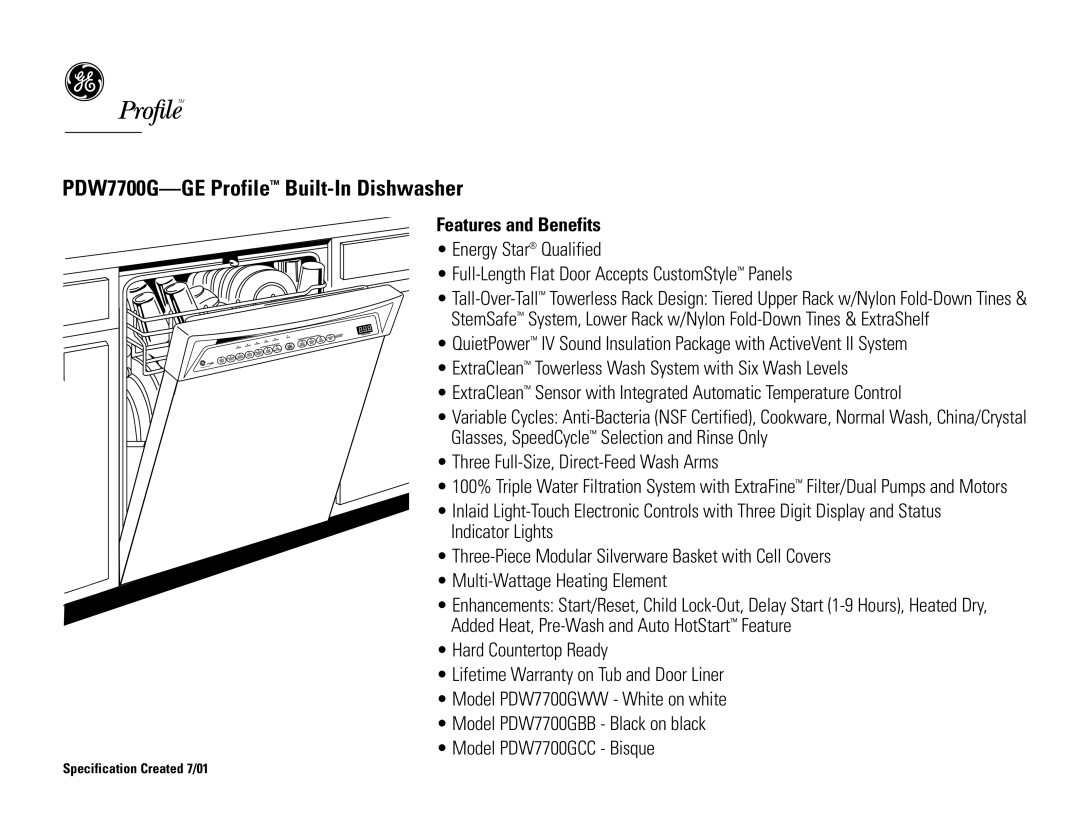 GE PDW7700GCC, PDW7700GBB, PDW7700GWW dimensions Features and Benefits 