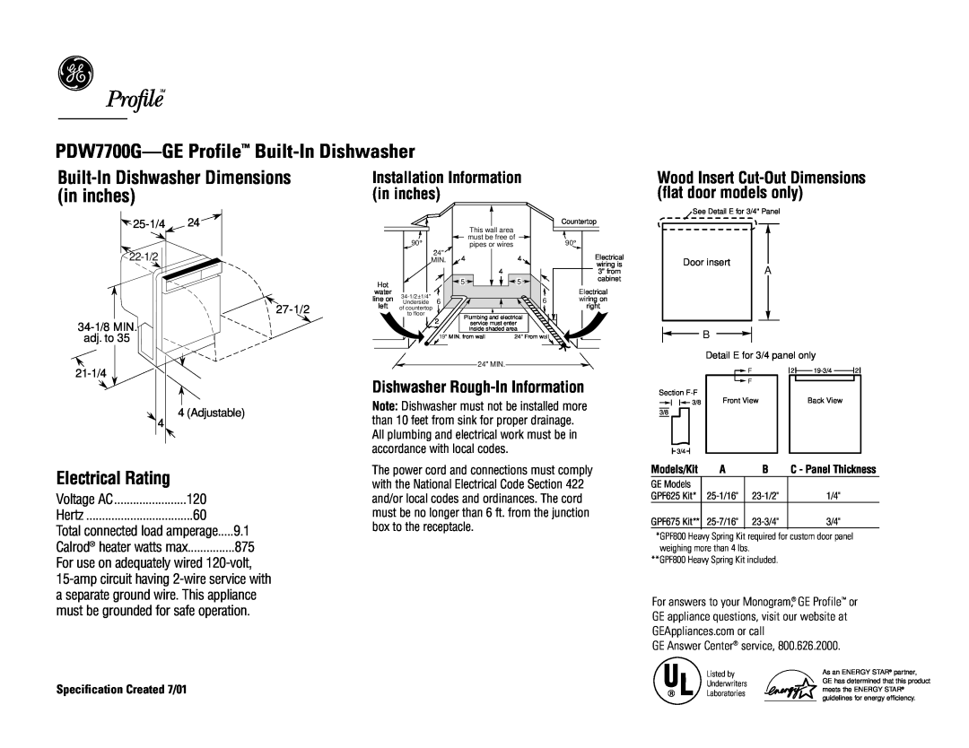 GE dimensions PDW7700G-GE Profile Built-In Dishwasher, Built-In Dishwasher Dimensions in inches, Electrical Rating 