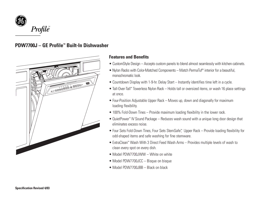 GE PDW7700JCC, PDW7700JWW, PDW7700JBB dimensions PDW7700J GE Profile Built-In Dishwasher 