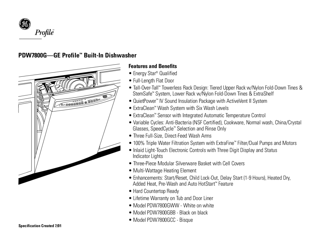 GE PDW7800GCC, PDW7800GWW, PDW7800GBB dimensions Features and Benefits 