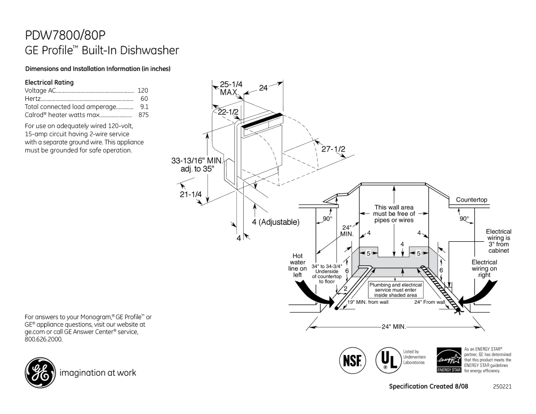 GE PDW7800PCC, PDW7880PSS, PDW7800PBB, PDW7800PWW dimensions PDW7800/80P, GE Profile Built-In Dishwasher, Max 