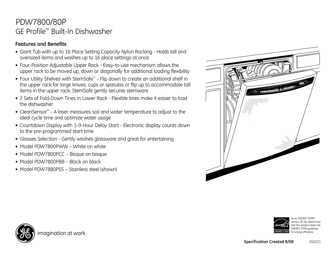 GE PDW7880PSS, PDW7800PCC, PDW7800PBB, PDW7800PWW dimensions Features and Benefits 