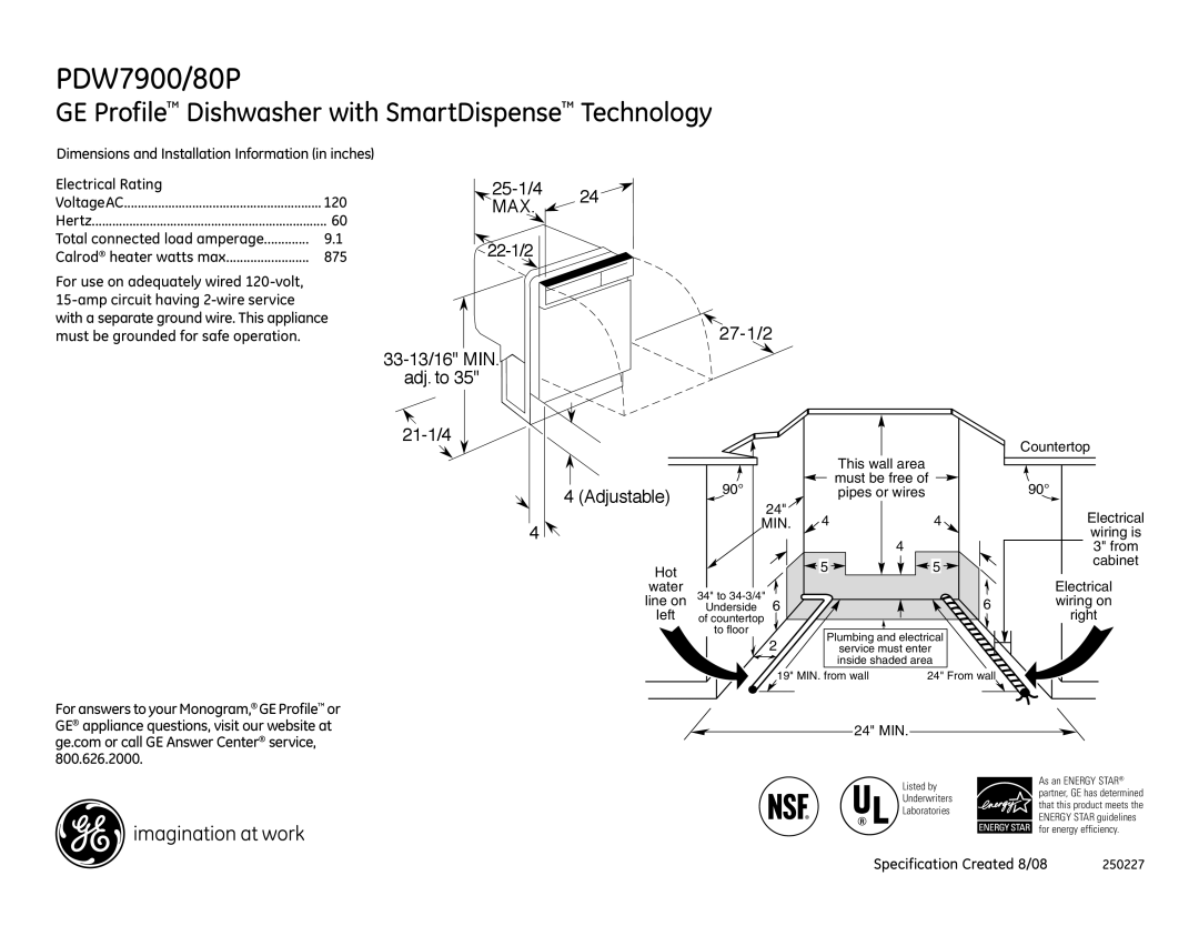 GE PDW7900PWW, PDW7980PSS, PDW7900PBB dimensions PDW7900/80P, GE Profile Dishwasher with SmartDispense Technology, Max 