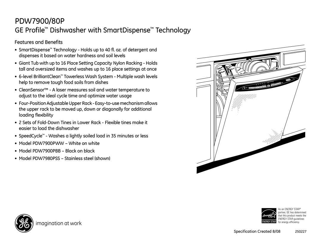 GE PDW7980PSS, PDW7900PWW, PDW7900PBB dimensions Features and Benefits 