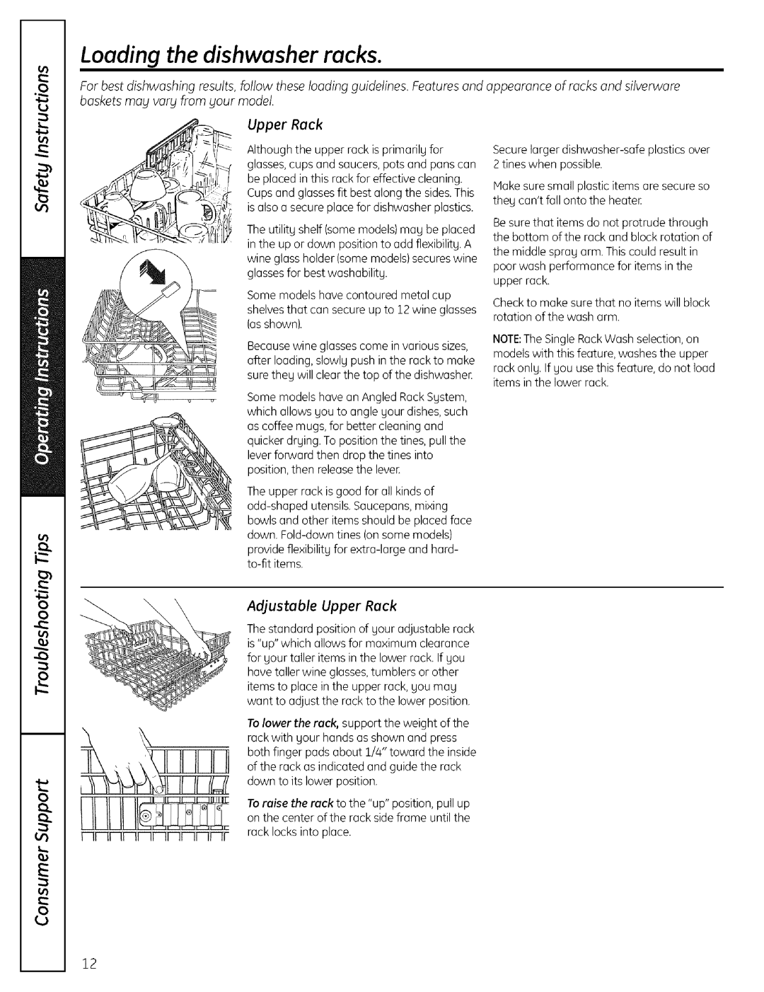 GE PDW8000, PDW9000 warranty Loading the dishwasher racks, Adjustable Upper Rack 
