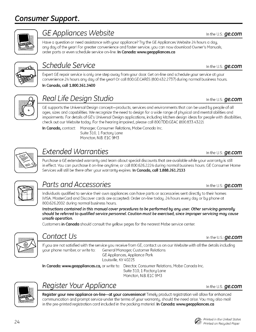 GE PDW8000, PDW9000 warranty Consumer Support 