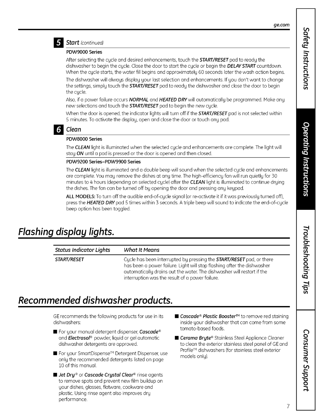 GE PDW9000, PDW8000 warranty Flashingdisplay lights, Recommended dishwasher products, Clean 