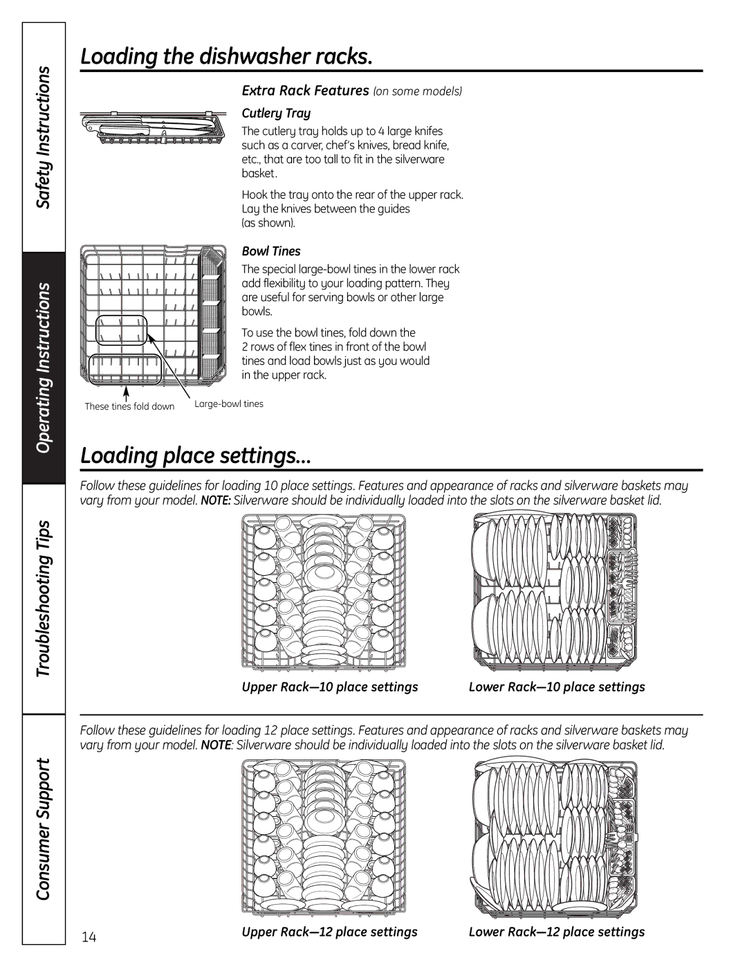 GE PDW8000, PDW9000 manual Loading place settings…, Extra Rack Features on some models 