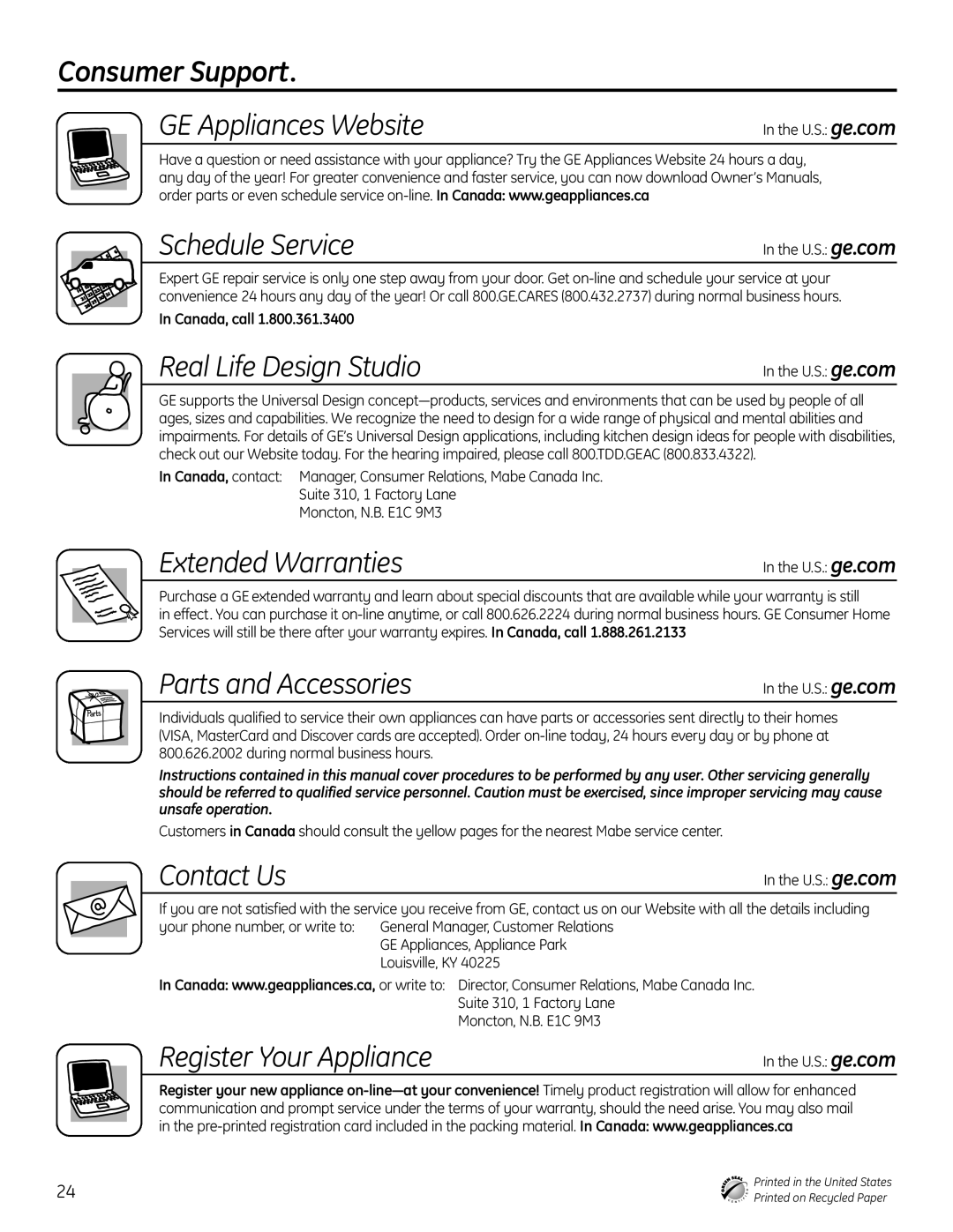 GE PDW8000, PDW9000 manual Consumer Support 