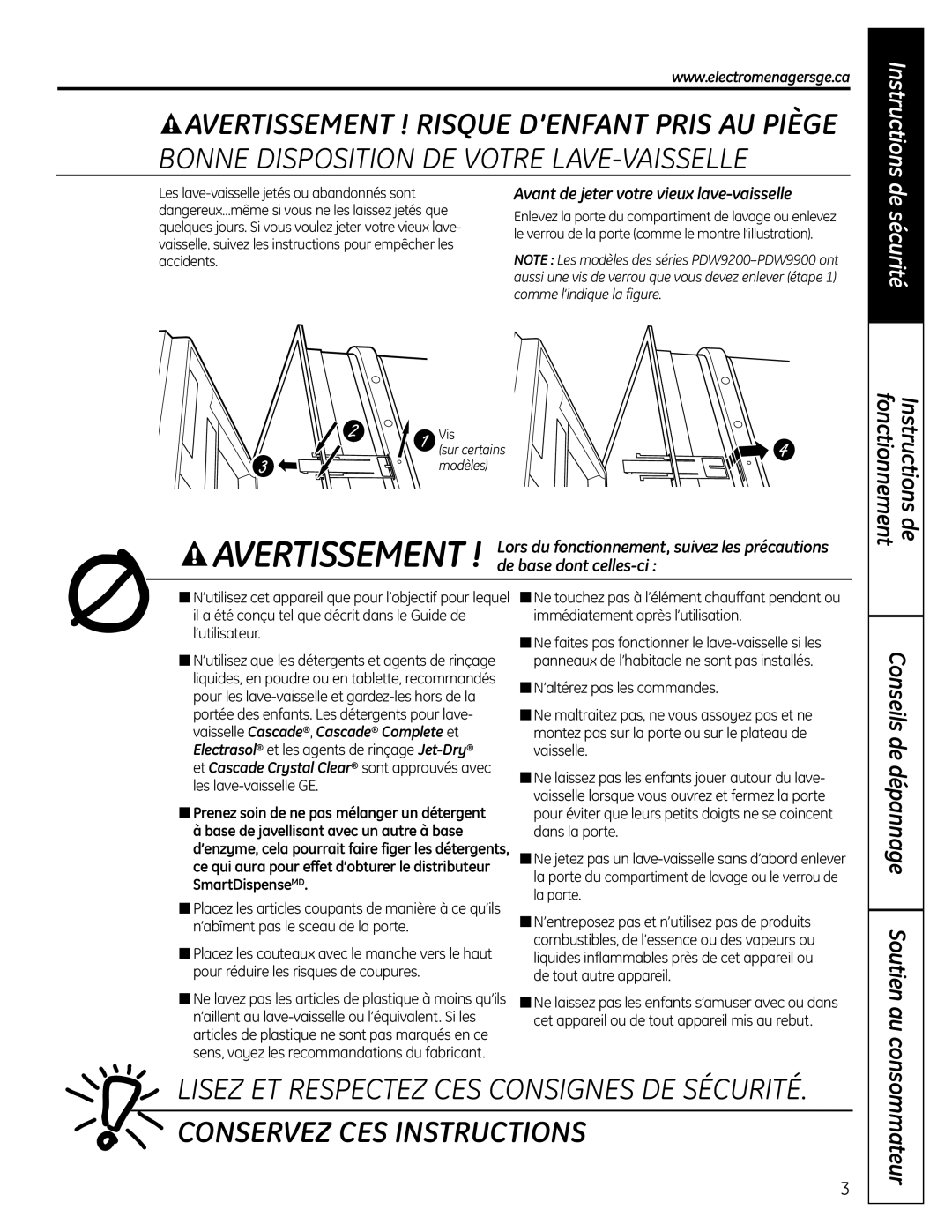 GE PDW9000 Fonctionnement Instructions de, Conseils de dépannage Soutien au, Avant de jeter votre vieux lave-vaisselle 