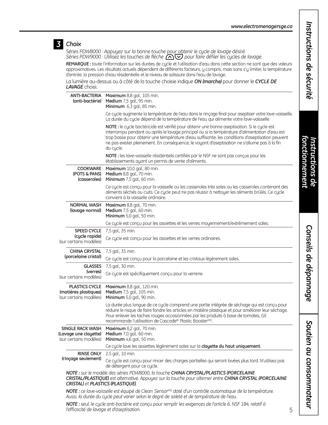 GE PDW9000, PDW8000 manual Conseils de dépannage Soutien au consommateur, Choix, ’efficacité de lavage et d’aseptisation 