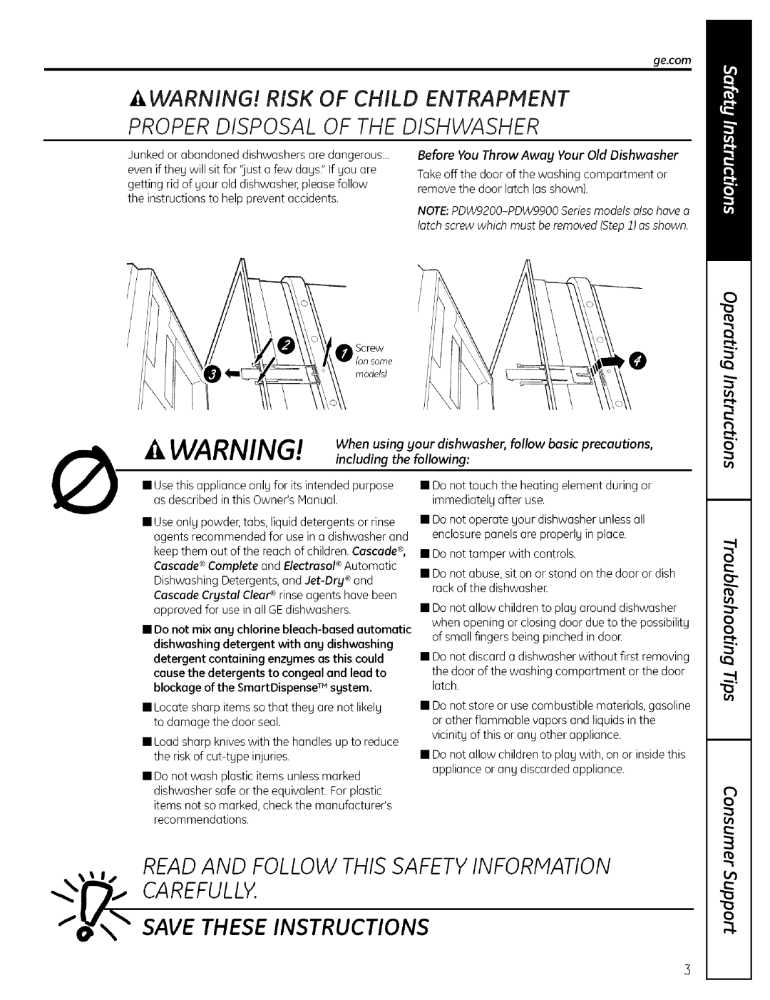 GE PDW9000 Readand Follow This Safetyinformation Carefully, Save These Instructions, A Warnin!! Risk Of Child Entrapment 