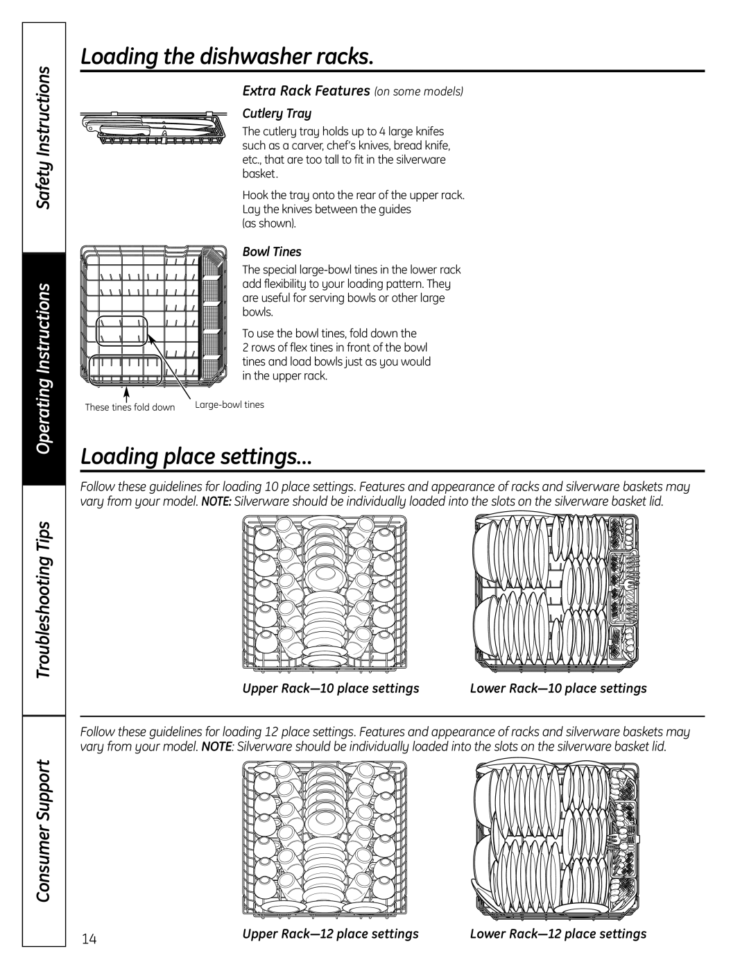 GE PDW8000 Loading place settings…, Extra Rack Features on some models, Cutlery Tray, Bowl Tines, Safety Instructions 