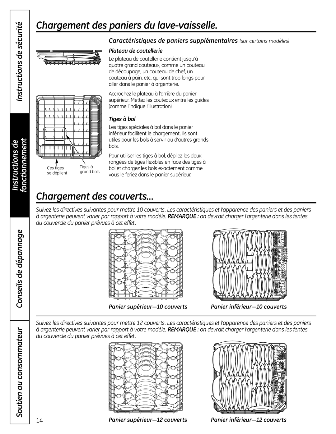 GE PDW8000 manual Chargement des paniers du lave-vaisselle, Chargement des couverts…, Plateau de coutellerie, Tiges à bol 