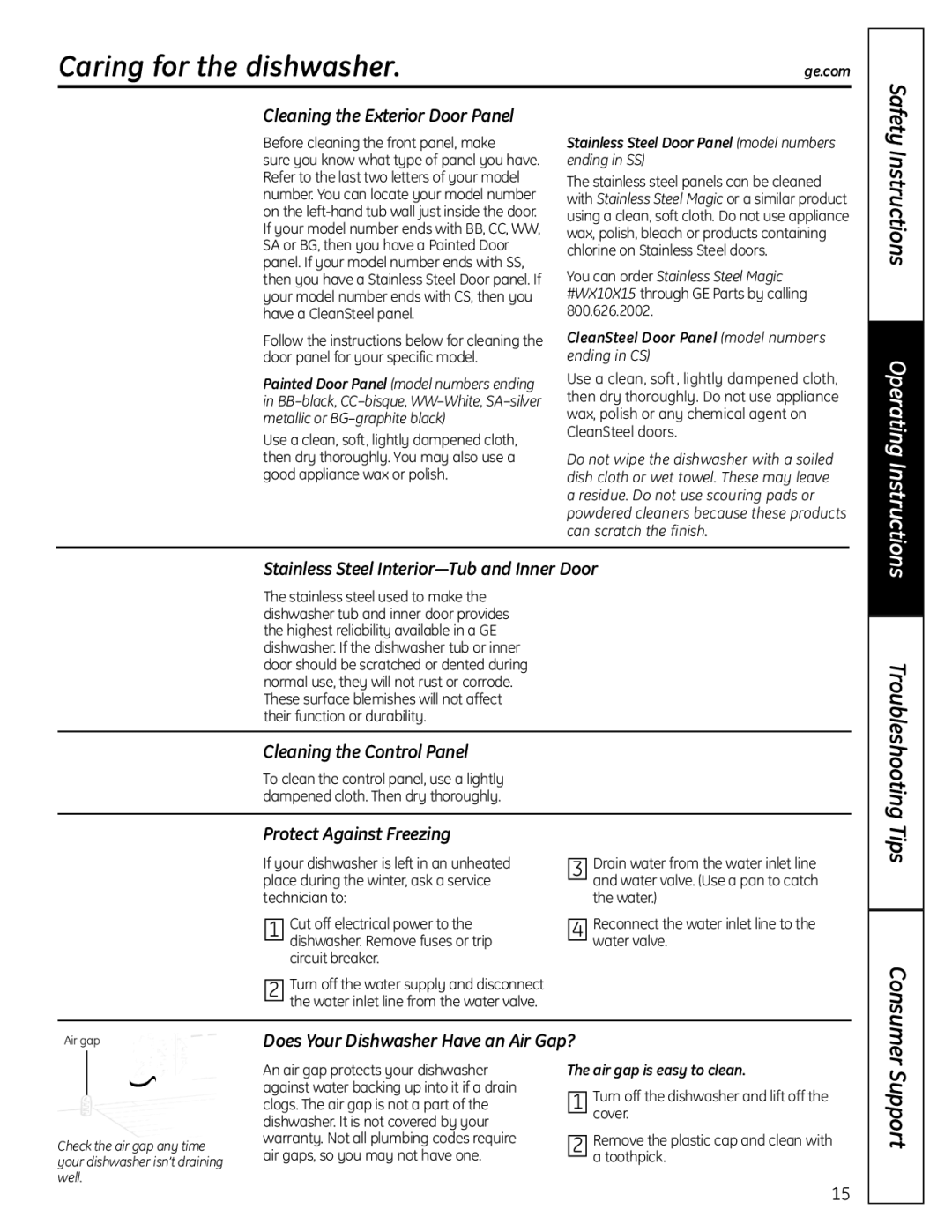 GE PDW9000 Series, PDW8000 Series manual Caring for the dishwasher 