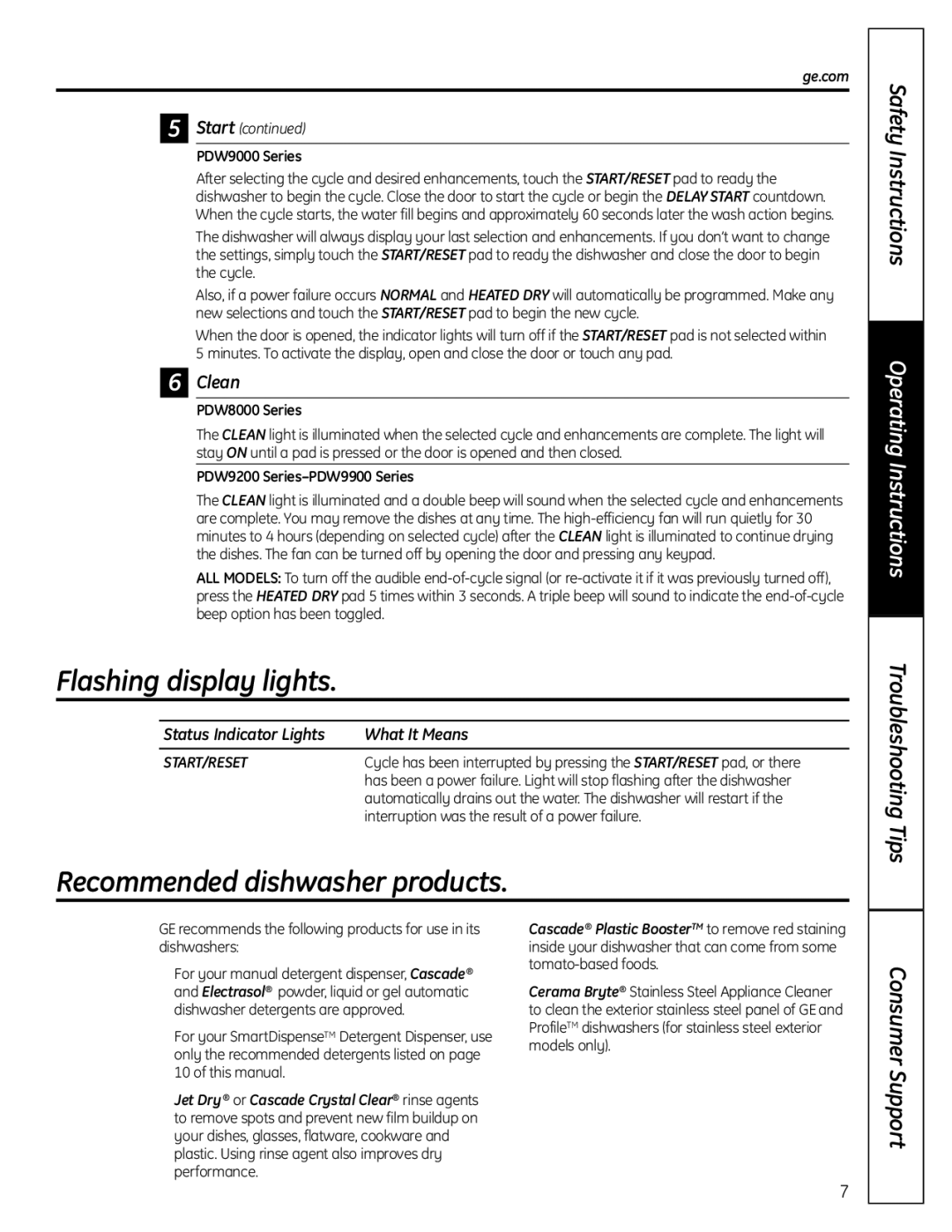 GE PDW9000 Series Flashing display lights, Recommended dishwasher products, Clean, Status Indicator Lights What It Means 