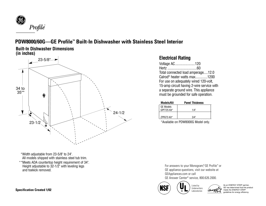 GE PDW8000GBB dimensions Electrical Rating, Built-In Dishwasher Dimensions in inches, 23-5/8 34 to 24-1/2 23-1/2, 12.0 