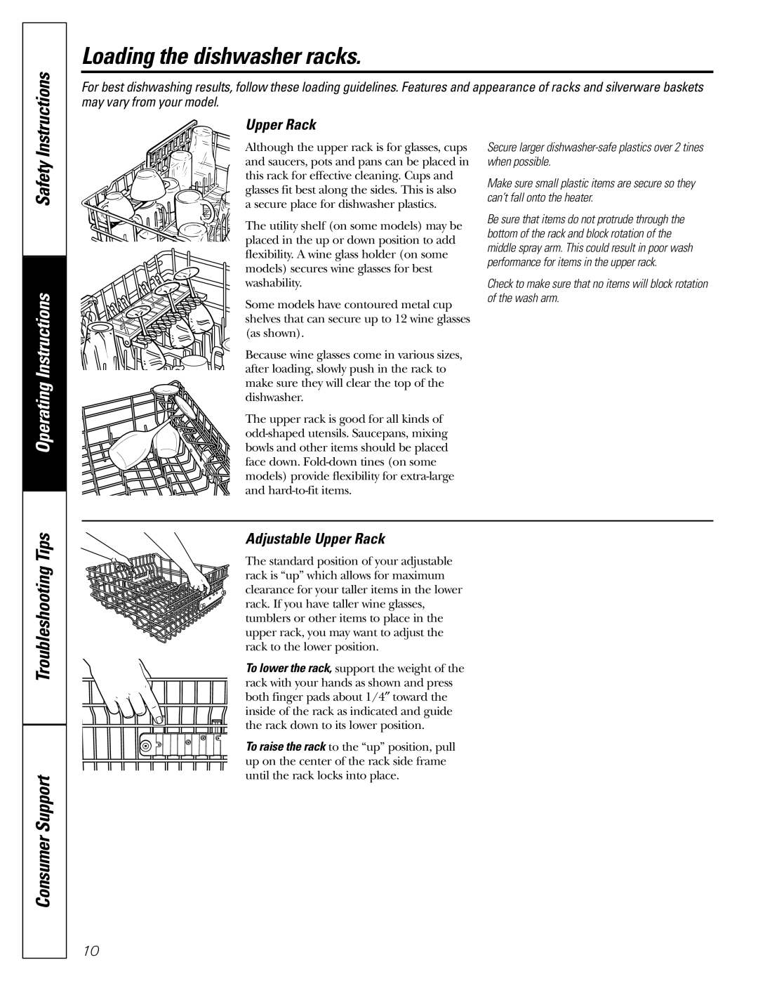 GE PDW8100, PDW9800, PDW9200, PDW8700, PDW8800 manual Adjustable Upper Rack, Loading the dishwasher racks 