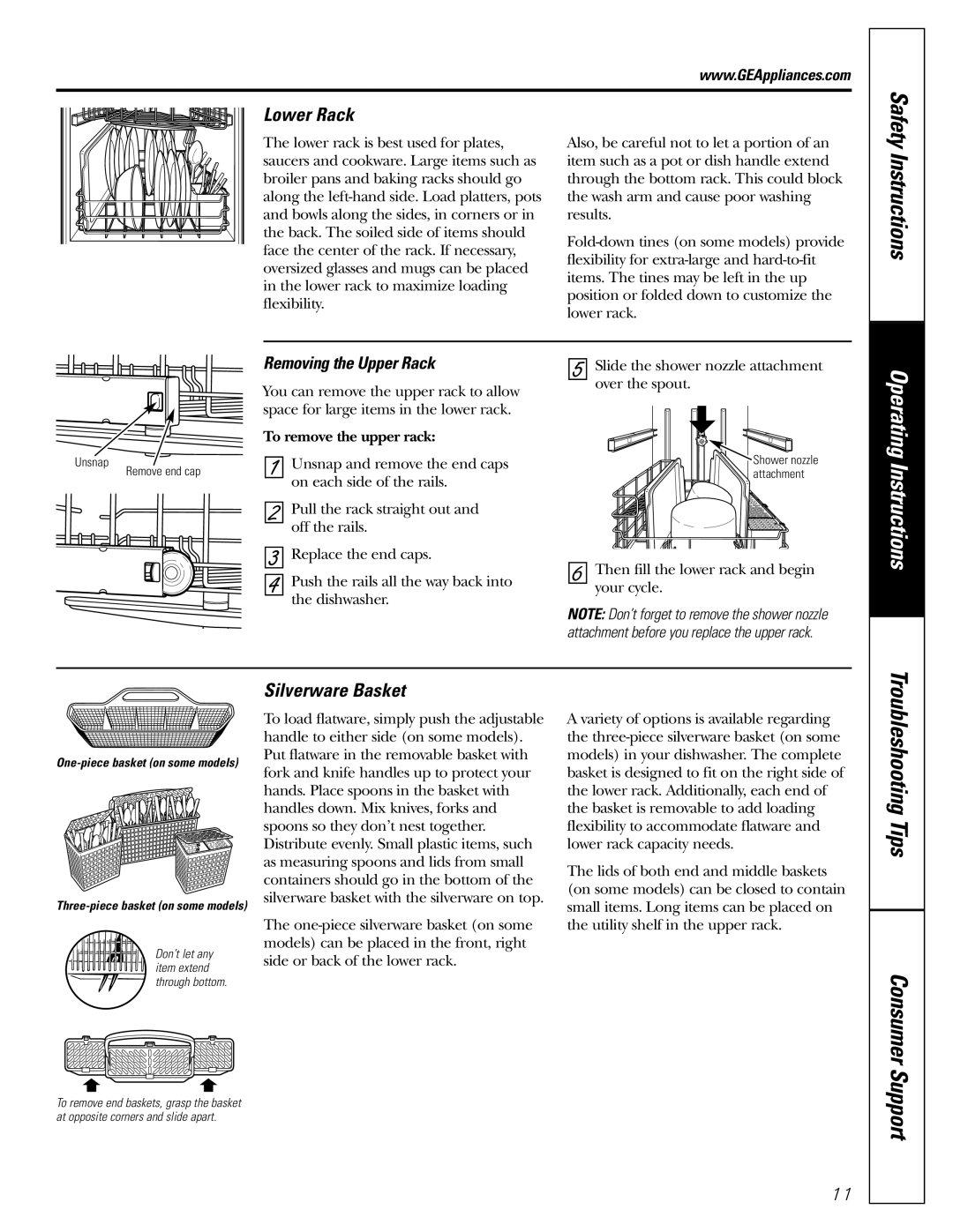 GE PDW9800, PDW8100, PDW9200 Troubleshooting Tips Consumer, Support, Lower Rack, Silverware Basket, Removing the Upper Rack 