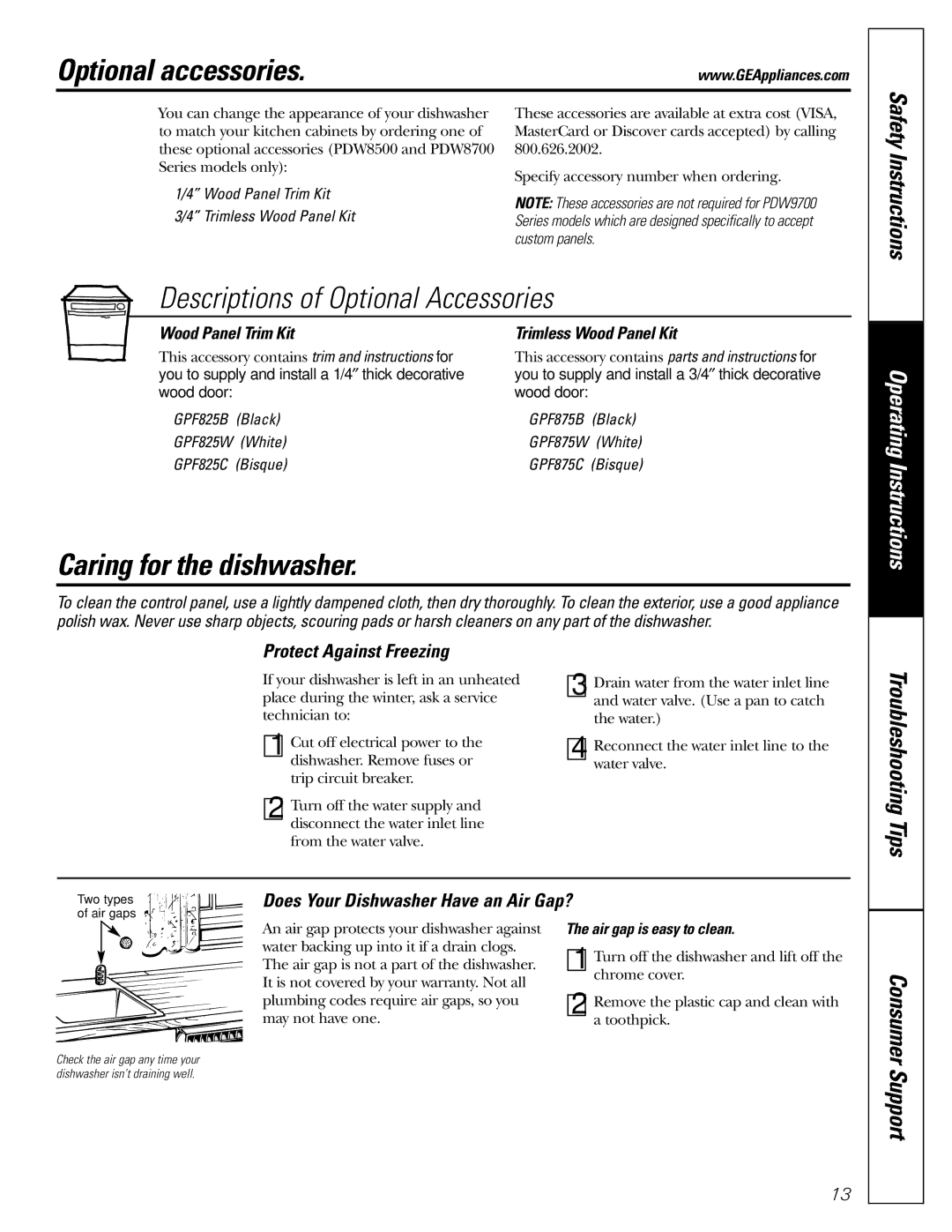 GE PDW8700 Optional accessories, Descriptions of Optional Accessories, Caring for the dishwasher, Safety Instructions 