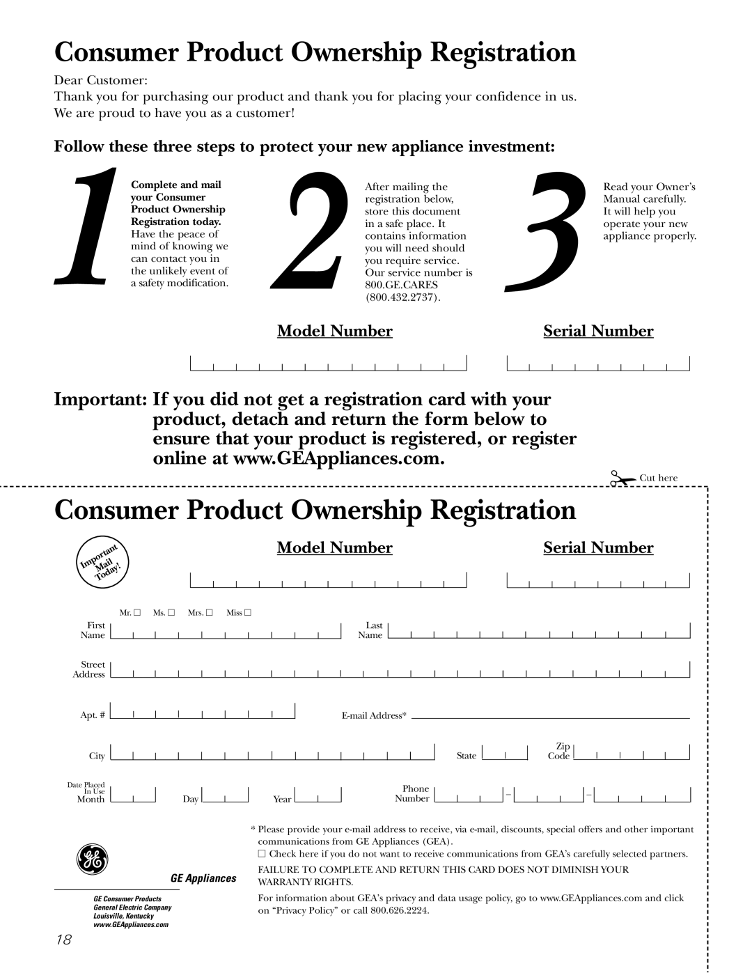 GE PDW8700, PDW8100, PDW9800, PDW9200, PDW8800 manual Consumer Product Ownership Registration 