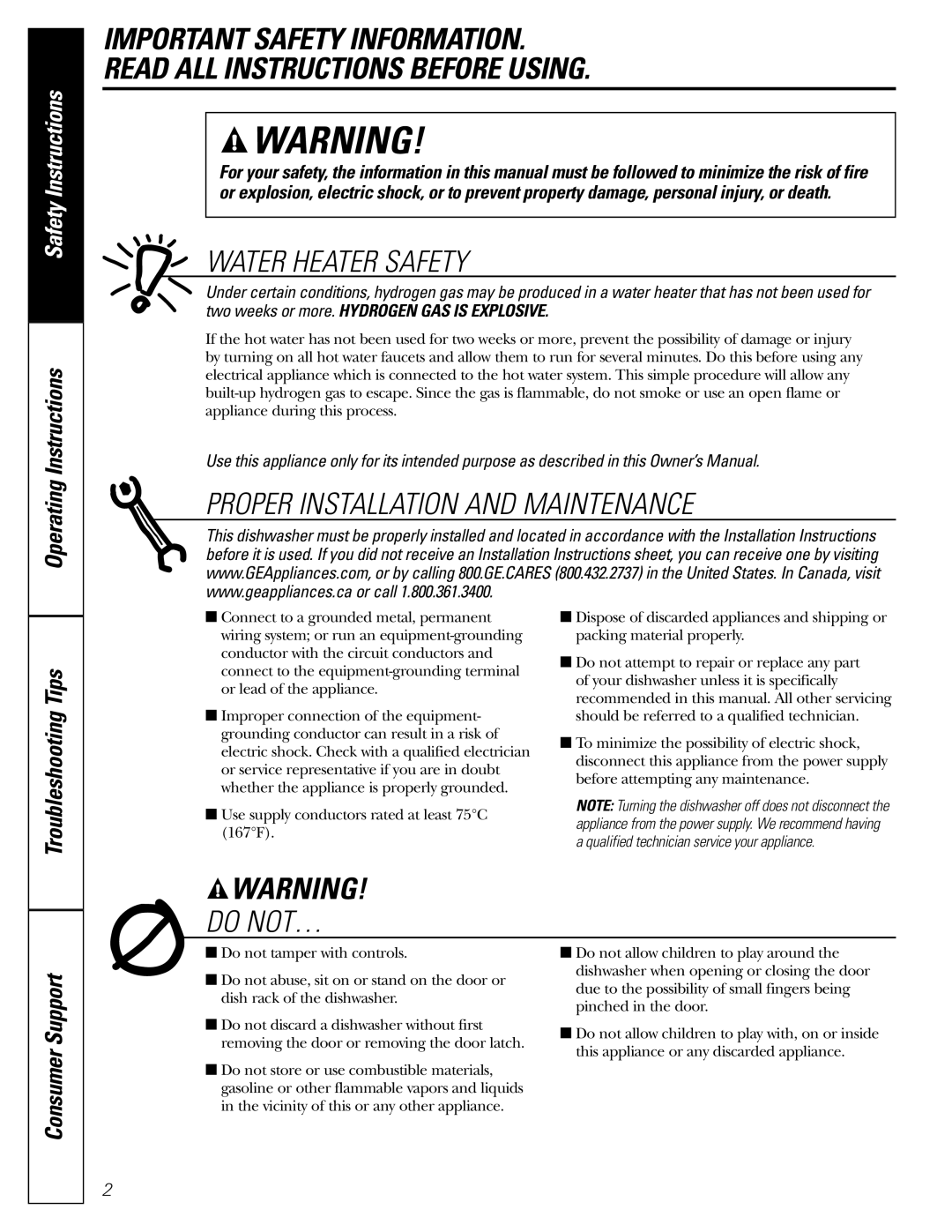 GE PDW9200, PDW8100, PDW9800, PDW8700, PDW8800 manual Operating Instructions, Troubleshooting Tips, Consumer Support 