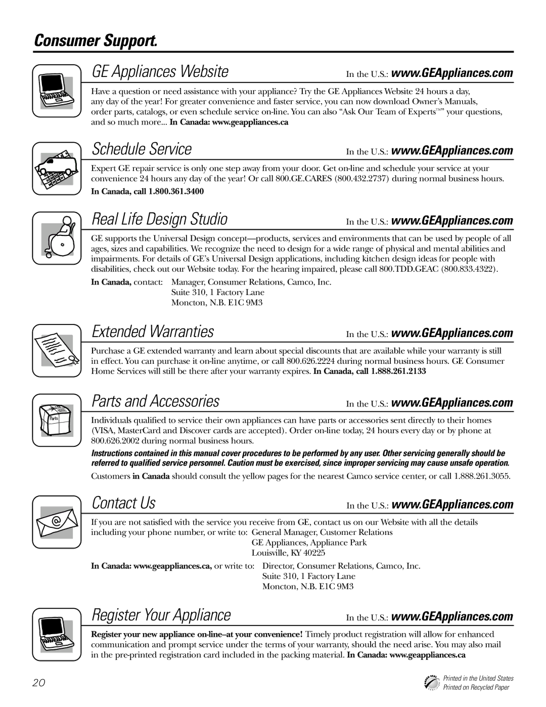 GE PDW8100, PDW9800, PDW9200, PDW8700, PDW8800 manual Consumer Support 