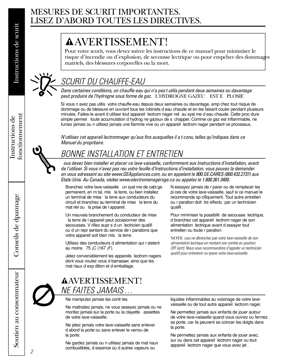 GE PDW9200, PDW8100, PDW9800, PDW8700, PDW8800 manual Instructions de Fonctionnement, Conseils de dépannage 