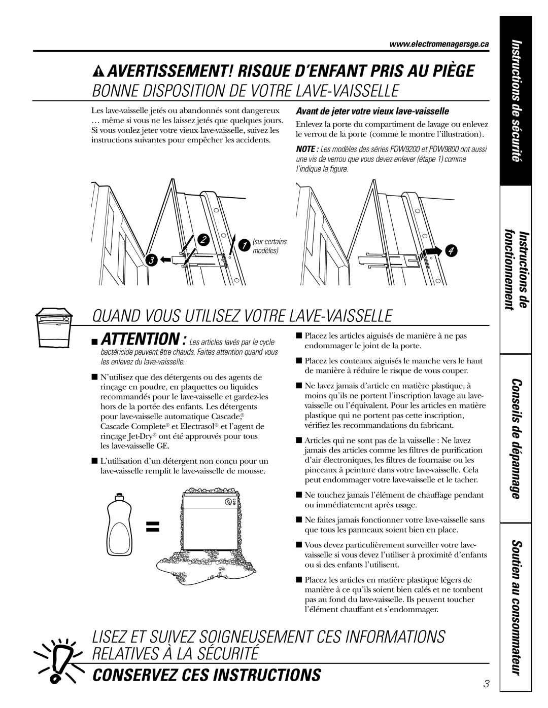 GE PDW8700, PDW8100, PDW9800, PDW9200, PDW8800 Fonctionnement Instructions de, Conseils de dépannage Soutien au, Consommateur 