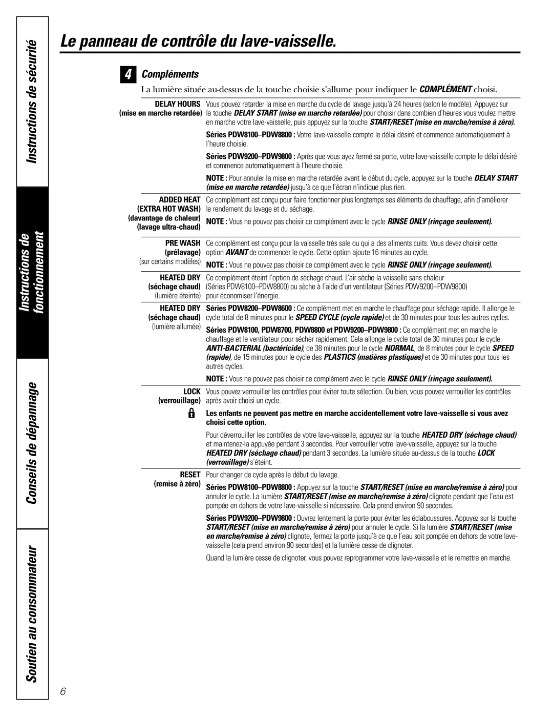 GE PDW9800, PDW8100, PDW9200, PDW8700, PDW8800 manual Instructions de sécurité, Compléments 