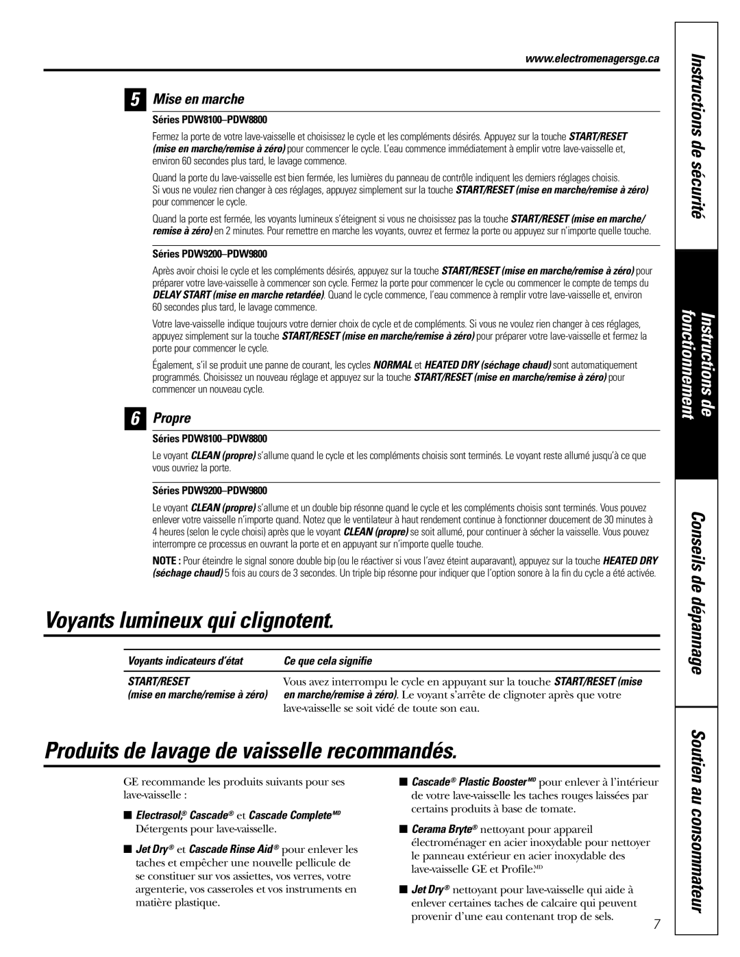 GE PDW9200, PDW8100 Voyants lumineux qui clignotent, Produits de lavage de vaisselle recommandés, Conseils de dépannage 