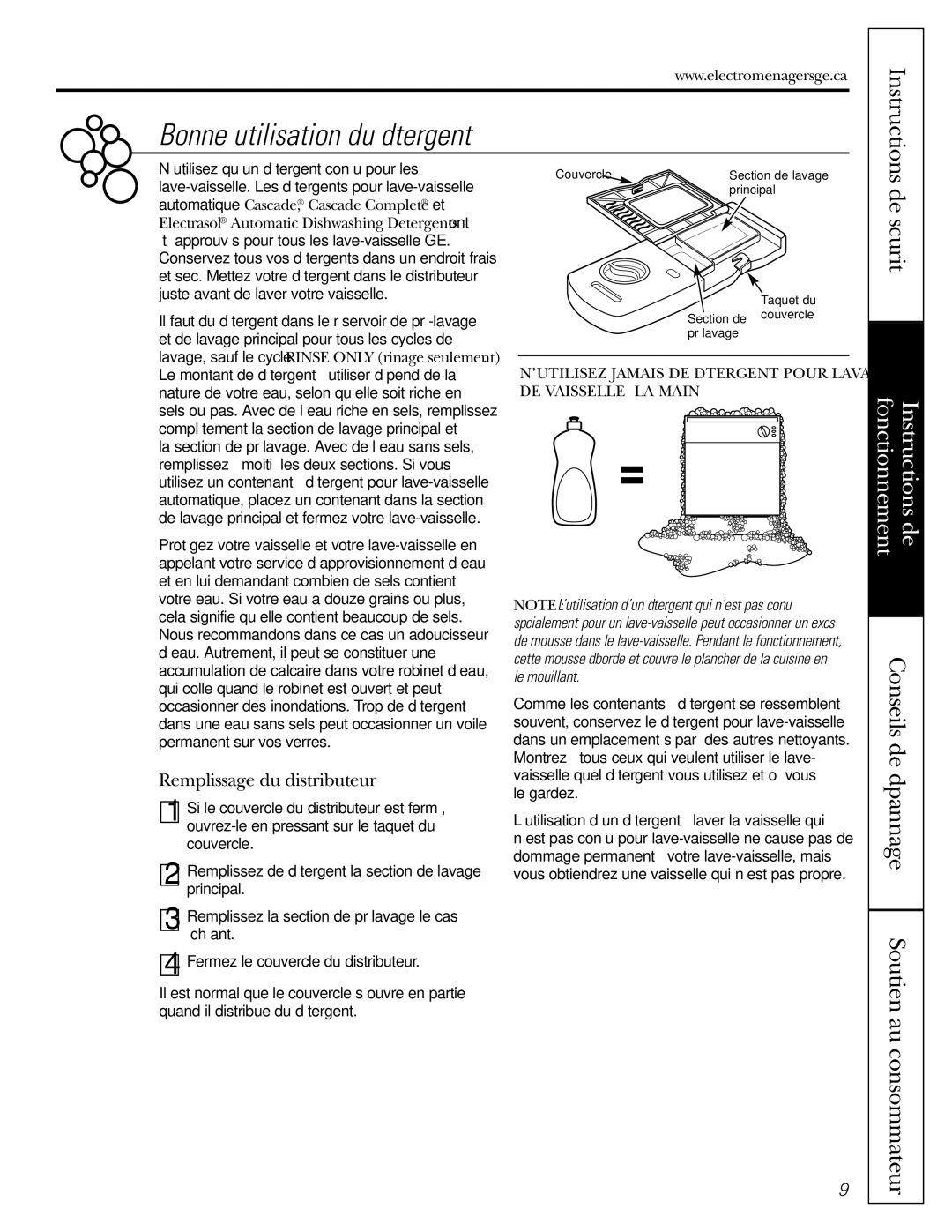 GE PDW8800, PDW8100, PDW9800, PDW9200, PDW8700 manual Bonne utilisation du détergent, De sécurité 