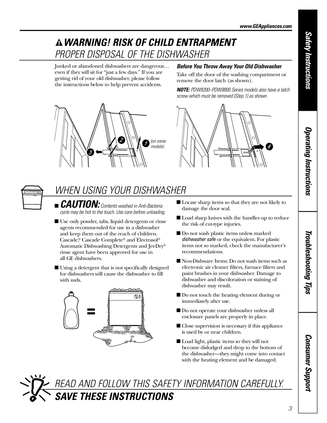 GE PDW8700, PDW8100, PDW9800, PDW9200, PDW8800 manual Proper Disposal of the Dishwasher 