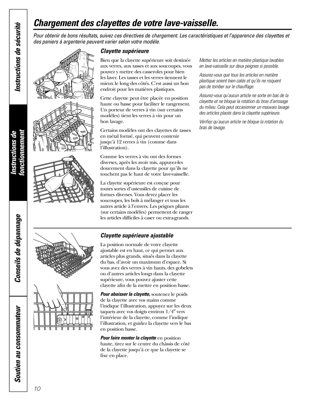 GE PDW8100 Chargement des clayettes de votre lave-vaisselle, Conseils de, Soutien au consommateur, Clayette supérieure 