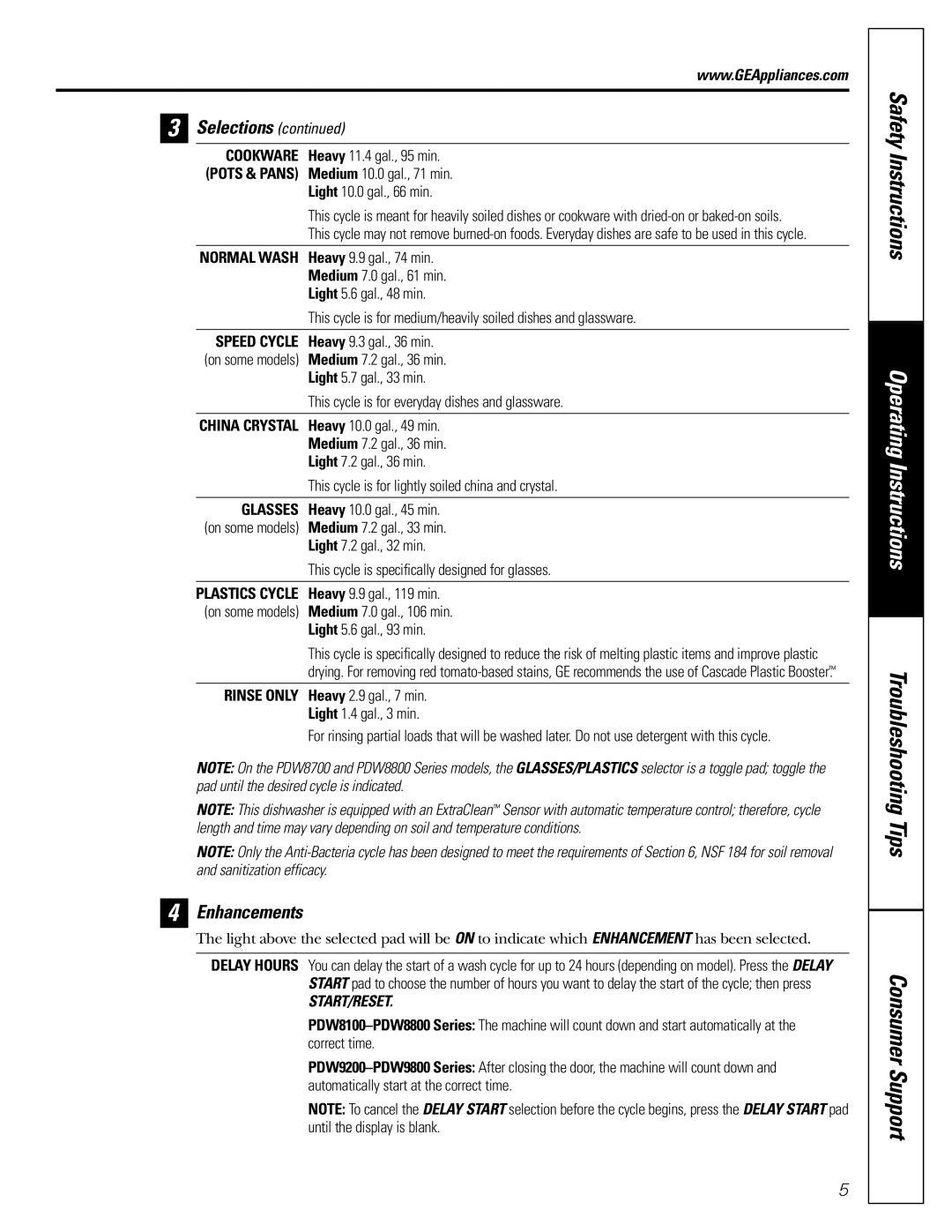 GE PDW8100, PDW9800, PDW9200, PDW8700, PDW8800 manual Safety Instructions, Enhancements 