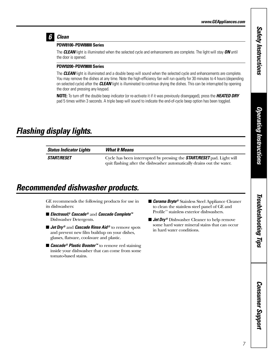 GE PDW9200, PDW8100 Flashing display lights, Recommended dishwasher products, Clean, Status Indicator Lights What It Means 