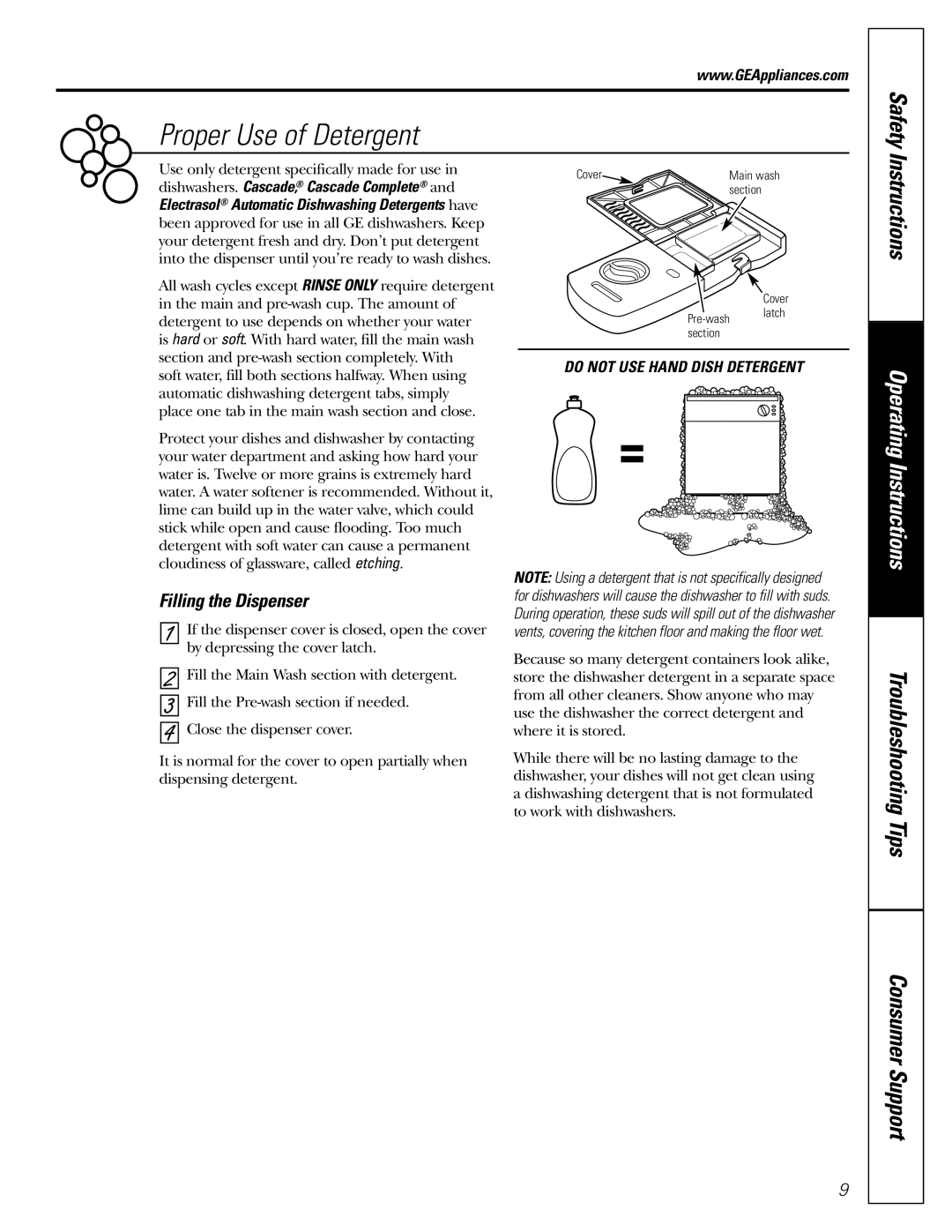 GE PDW8800, PDW8100, PDW9800, PDW9200, PDW8700 manual Proper Use of Detergent, Instructions 