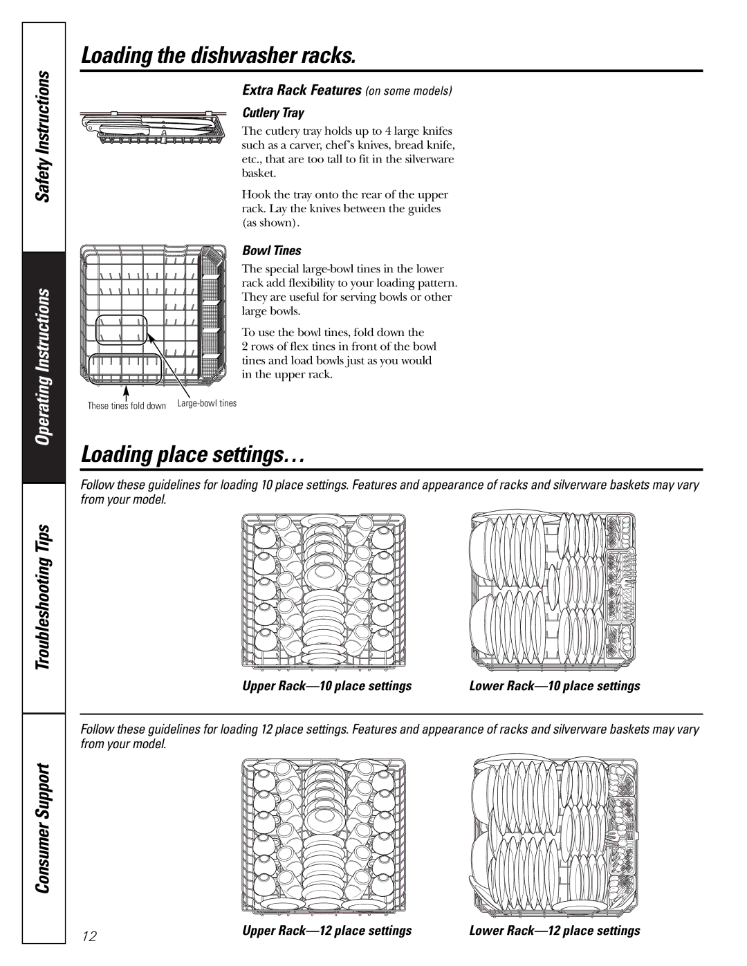 GE PDW8400 Series manual Loading the dishwasher racks, Loading place settings…, Extra Rack Features on some models 