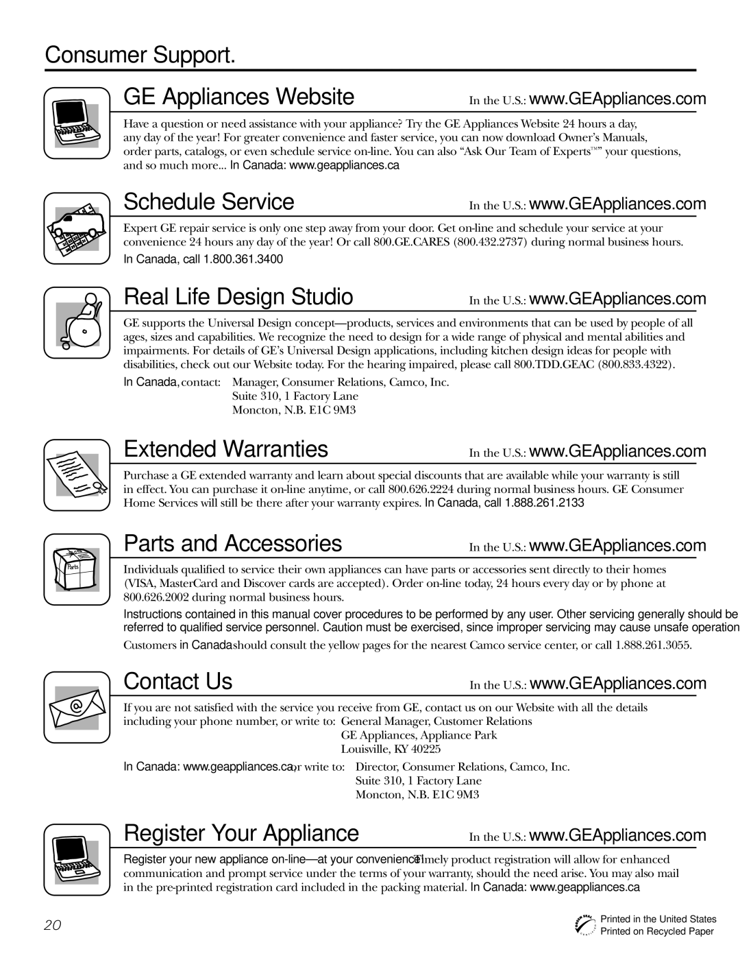 GE PDW8400 Series manual Consumer Support 