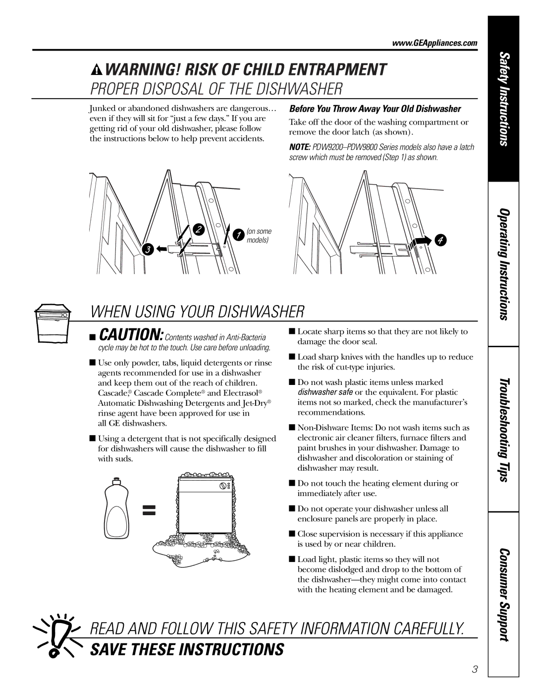 GE PDW8400 Series manual Proper Disposal of the Dishwasher 