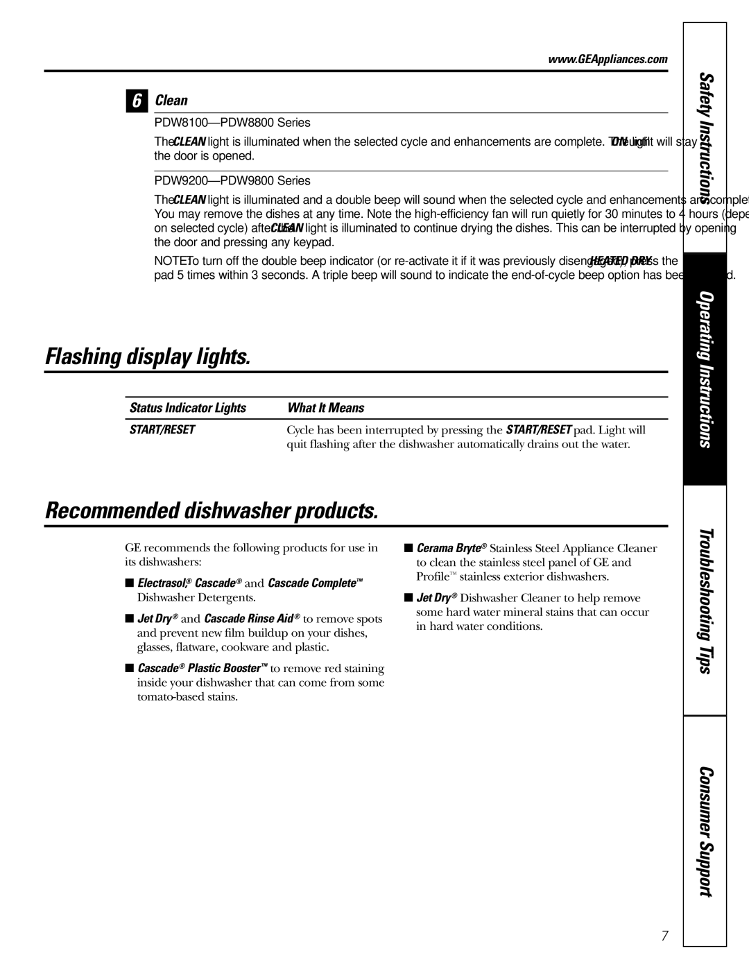 GE PDW8400 Series Flashing display lights, Recommended dishwasher products, Clean, Status Indicator Lights What It Means 