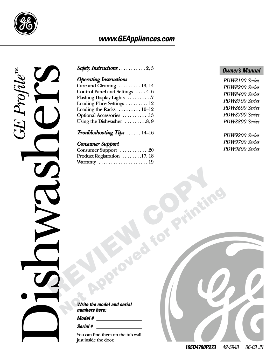 GE PDW8400 Series manual 165D4700P273 49-5948 06-03 JR, Write the model and serial numbers here Model # Serial # 